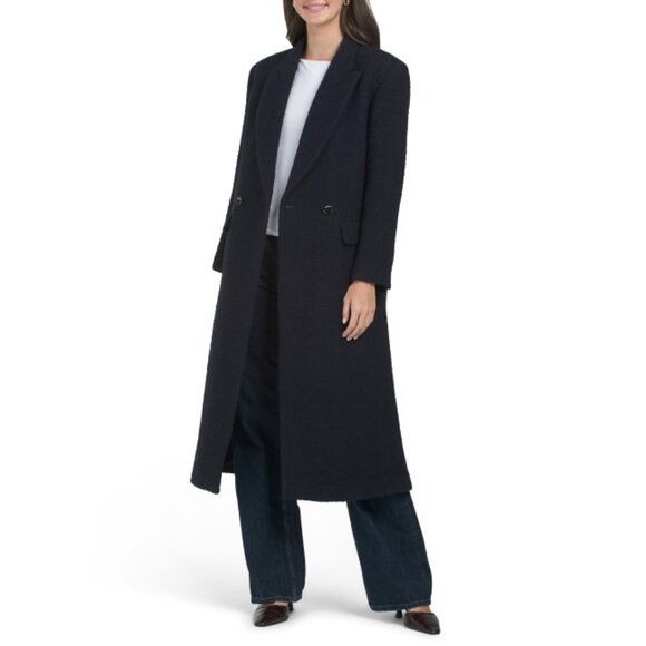 SANDRO Bleu Marine Long Collared Coat - Picture 1 of 2